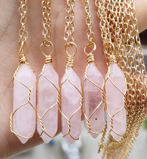 5pcs Rose Quartz Gems Pendants Necklace Chakra Reiki Healing Amulet