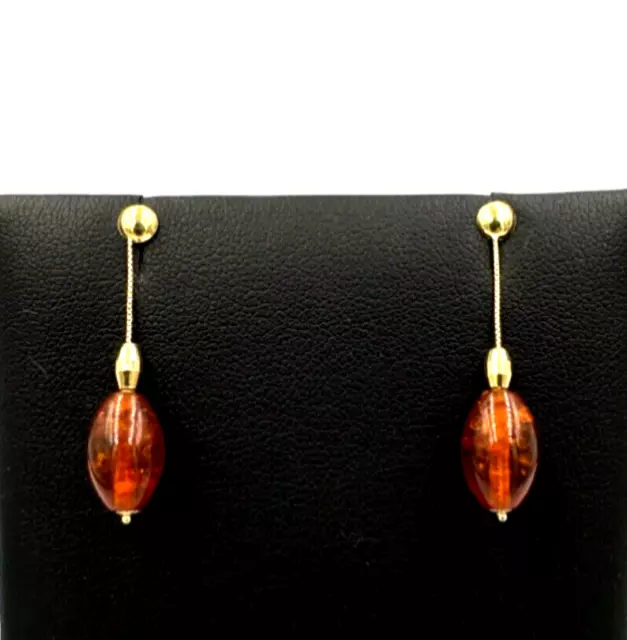 Boucles D'Oreilles Pendantes Vintage Ans '70 Italie Ambre Synthetique Or Massif