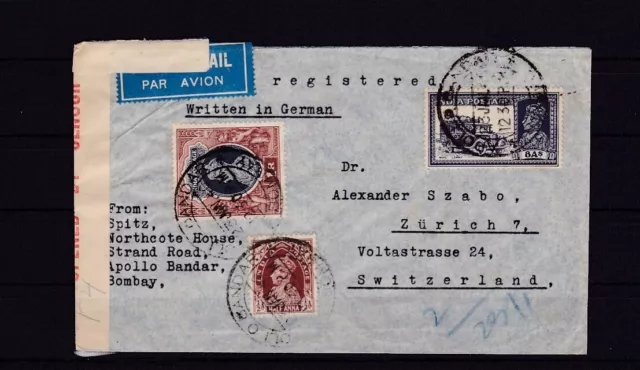 Indien Luftpost-R-Brief von Apollo Bandar nach Zürich/CH, ZENSUR 1940 #1048820