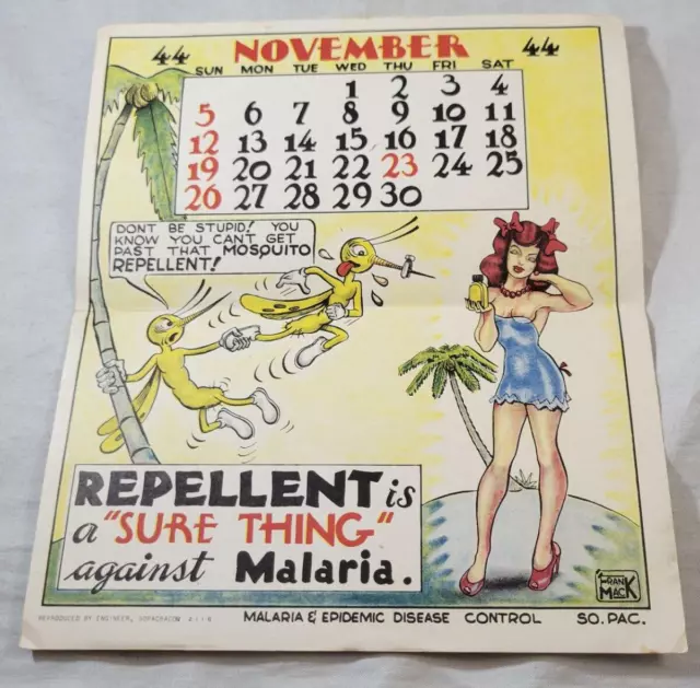 Vintage WWII 1944 Calendar Page Frank Mack Anti Malaria Cartoon Pacific Pin Up