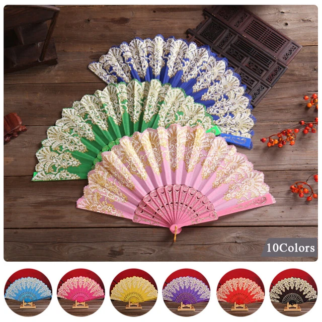 ✿ Ventilador de plástico compartimentos plegables oro polvo compartimentos de mano arte regalo chino