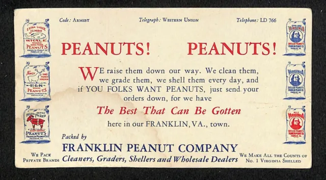 Vintage c1930's-40s Ink Blotter Franklin Peanut Co. Grinders Shellers Virginia