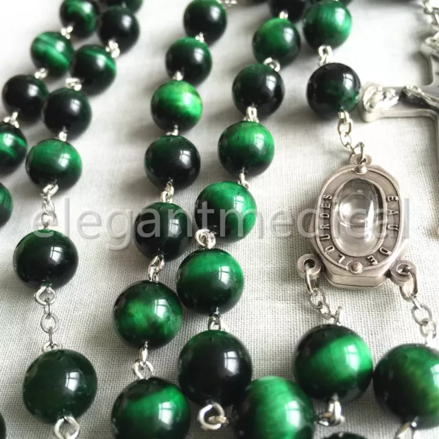 xl 10MM green Tiger Eye Bead Rosary CROSS catholic necklace Lourdes Water medal