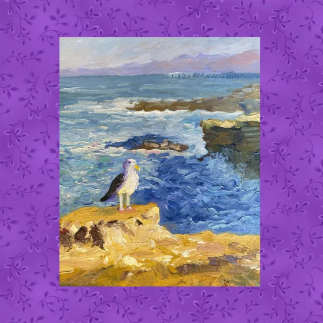 🎨✨ Sunset Cliffs View with Seagull. Impressionist painting on canvas ORIGINAL. 3