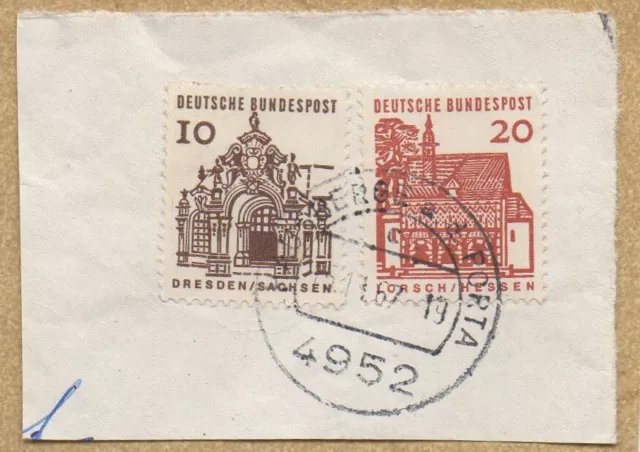 Briefmarke:BRD,1964,Briefst.10+20Pfg..Mi.Nr 454,456,gest."Hausberge"Scan