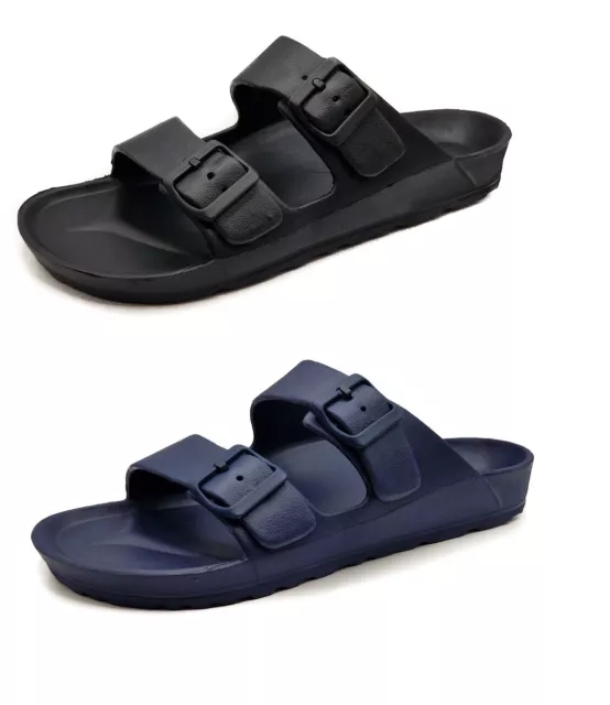 Mens Double Buckle Sliders Flat Slip Summer Ladies Beach Sandals Size UK 7-12