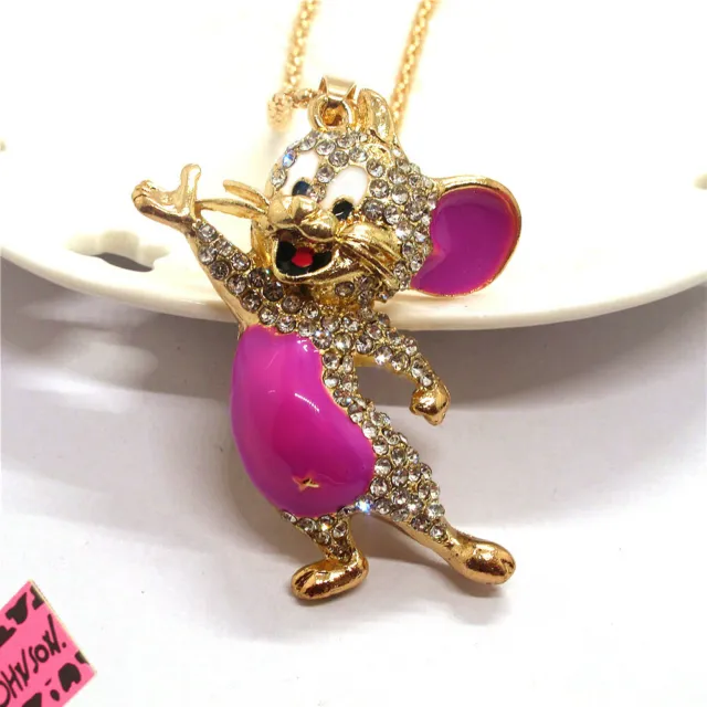 New Fashion Women Rose Rhinestone Cute Enamel Mouse Crystal Pendant Necklace