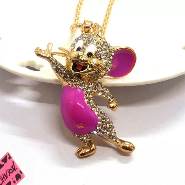 New Fashion Women Rose Rhinestone Cute Enamel Mouse Crystal Pendant Necklace
