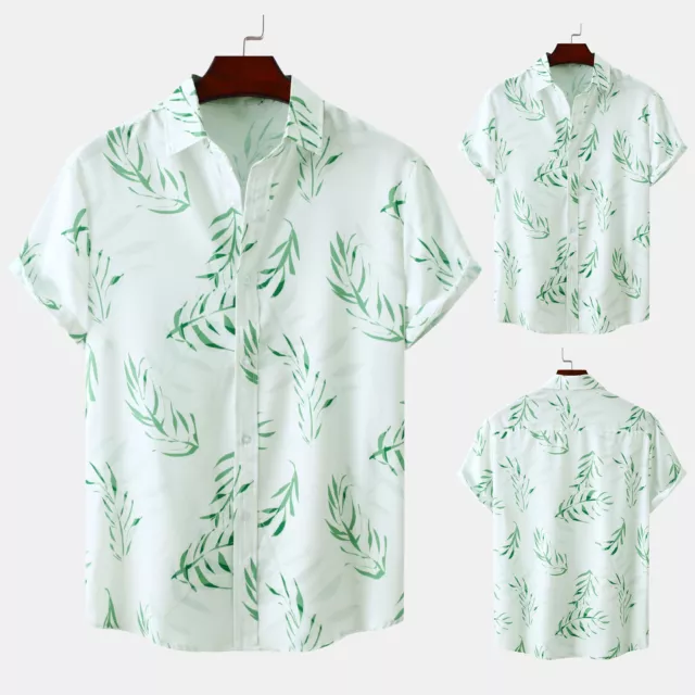 Fashion Men's Shirt Summer Short Sleeve Lapel Design Green Leaf Print Casual
