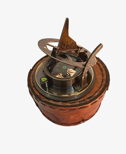 Antique Brass Sundial Drum Compass Nautical Collectible With Leather case