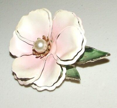 Vintage Painted Metal & Gold Tone Mid Century Flower Brooch Pin w/ Pearl Center