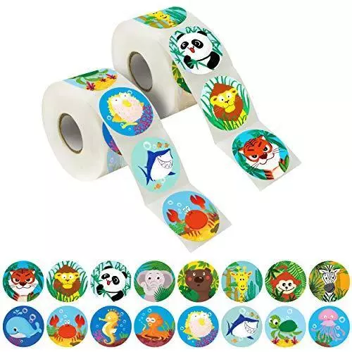 600 Pcs Round Zoo Marine Animal Stickers in 16 Designs with Perforated Line