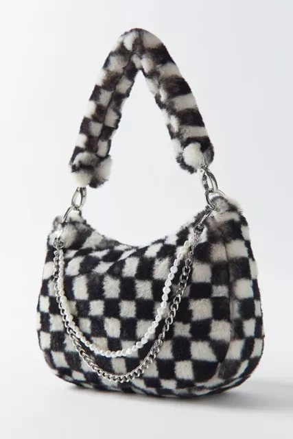 NEW Urban Outfitters UO,  Checkered  Pearl Chain Fur Baguette Bag, Blogger Fav