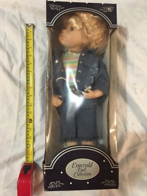 Emerald Doll Collection. Blonde, Denim Jacket & Pants. Hand Painted Porcelain