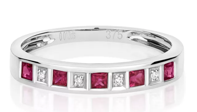 9ct or Blanc Rubis et Diamant Bague Éternité Carré Princesse Anniversaire Bande