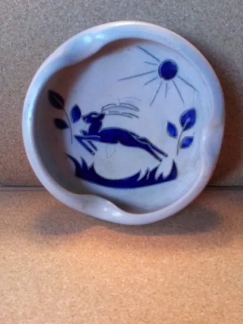 Vintage Gres De La Roche Hand Made Pottery Blue Signed Ceramic Grey Ashtraybowl