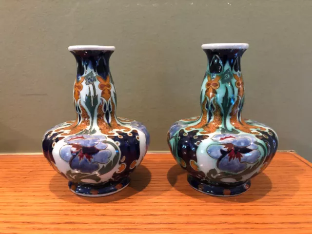 Beautiful Antique Pair of Rozenburg Den Haag Art Nouveau Pottery Vases Signed