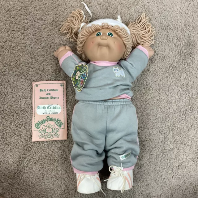 Vintage 1985 Cabbage Patch Doll- Girl Merla Candi In Workout Outfit With Papers