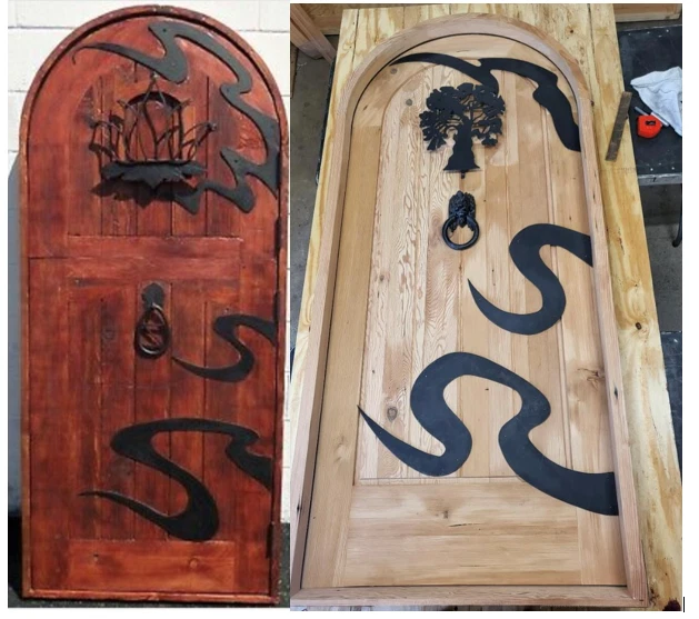 Rustic castle reclaimed lumber arched old growth Doug Fir solid door winery 4