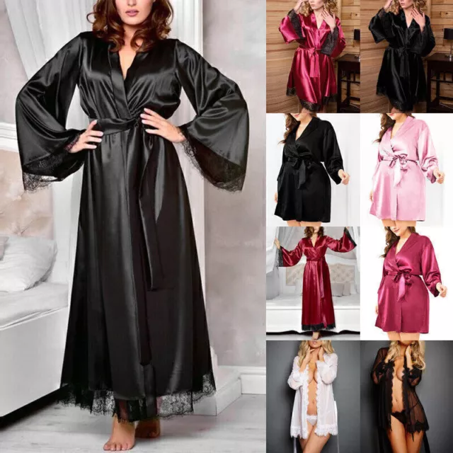 Women Sexy Satin Silk Bathrobe Kimono Lingerie Bride Dressing Gown Sleepwear Pjs