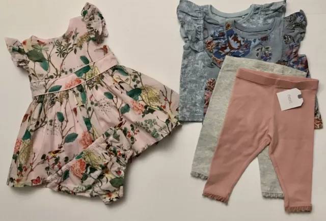 NEXT neonato set 6 pezzi abito e pantaloni + top floreale e pacchetto leggings 3-6 mesi