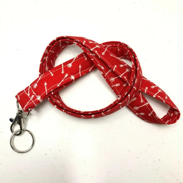 Fabric Lanyard ID Badge Key Holder 40” Quilted Red Cotton White Arrows