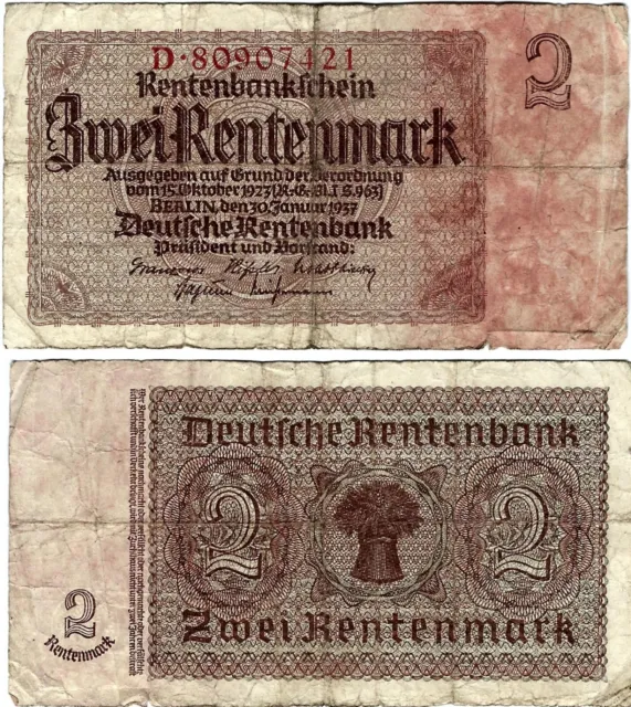Banknote Rentenbankschein 2 Rentenmark 1937 Berlin DEU-223b Ro.167b P-174b(1)