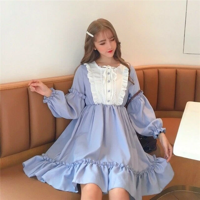 Giapponese Donna Ragazza Lolita Ruffles Abito Vintage Lungo Puff Maniche Cosplay