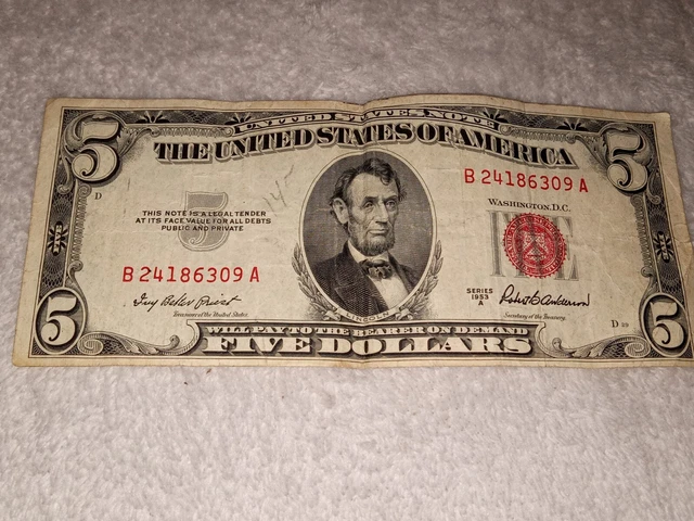 1953 Five Dollar RED Seal Note United States Note Old US Bill $5 Average Circ