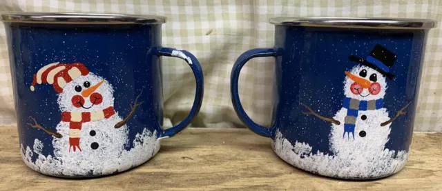 BLUE SPECKLED ENAMELWARE HANDPAINTED SNOWMAN MUGS CUPS Winter