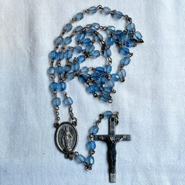 Vintage Catholic Rosary blue glass crystal beads silver Mary 20"