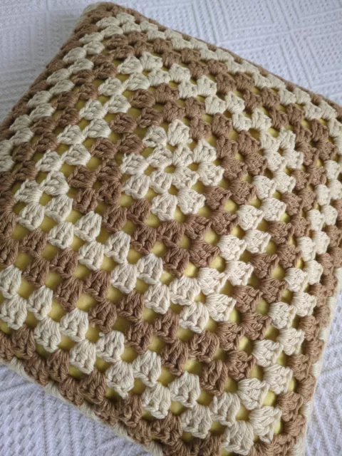 Vintage Mid Century Cream Brown Beige Crochet Cushion 40s 50s 60s