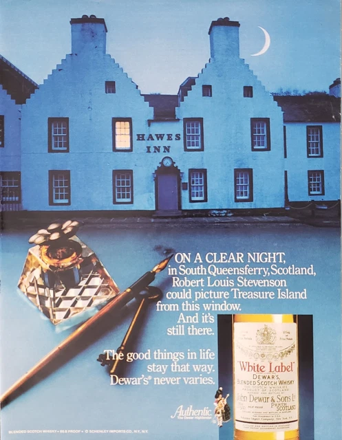 1980 Dewar's White Label Blended Scotch Whisky Hawes Inn Clear Night Print Ad