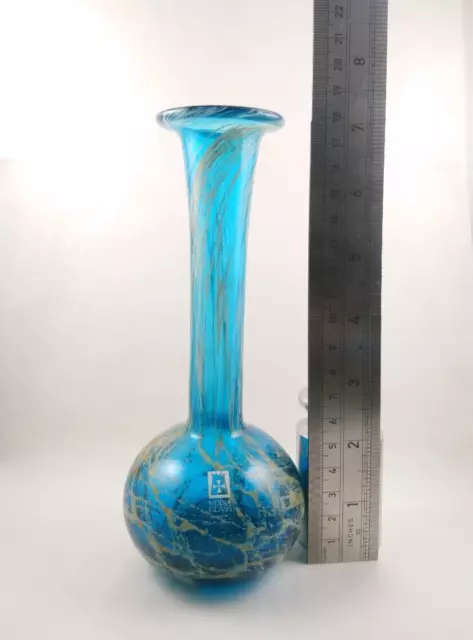 Mdina Maltese Blue & Yellow streaks Glass Vase, Signed with Label,  c1990s, 18cm