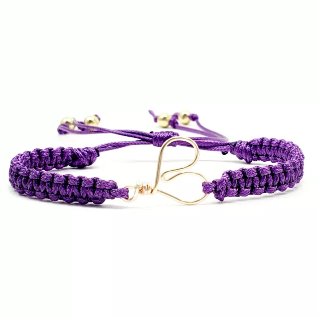 Women Fashion Adjustable Purple Macrame Bracelet w/ Pretty Heart Charm Boho