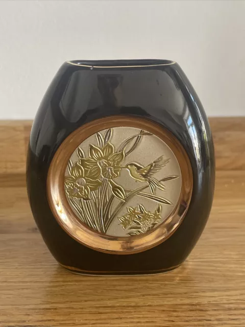 Art of Chokin Hummingbird/ flowers Small Black Vase 24K  GOLD EDGING OH