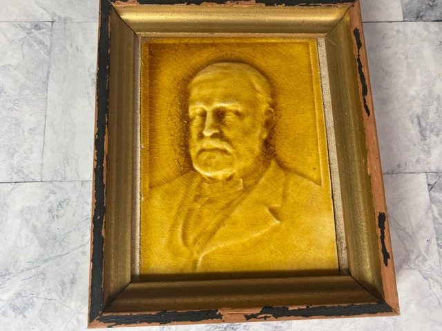 Framed Majolica Pottery Low Portrait Tile Trivet of Older Man President Grant