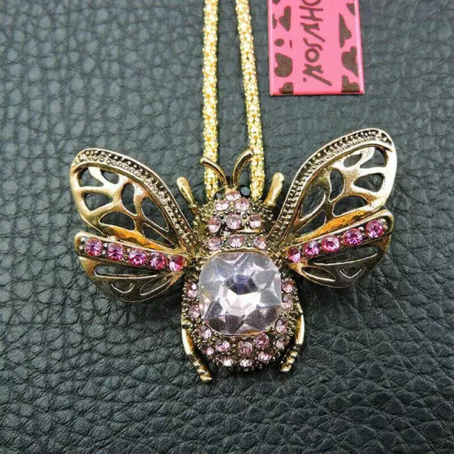 Betsey Johnson Pink Bee Rhinestone Crystal Pendant Necklace Brooch