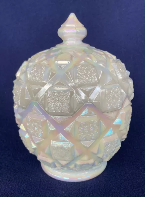 Westmoreland Milk Glass Old Quilt Covered Candy Dish Marked W Logo Opalescent