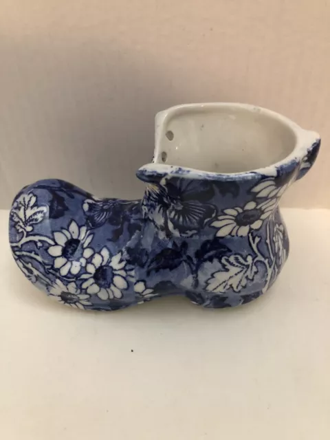 Vtg James Kent Staffordshire England Old Foley Floral Porcelain Shoe Boot Blue 2
