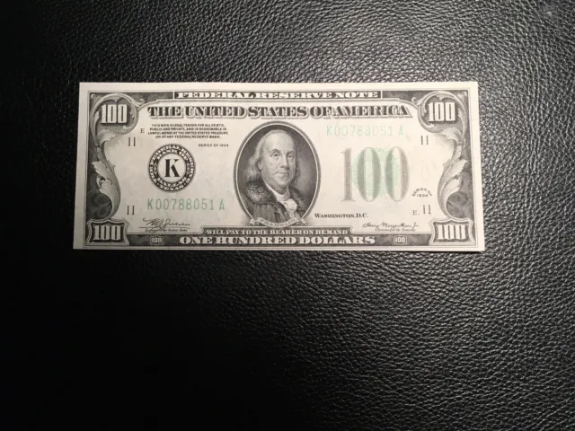 $100. 1934 Federal Reserve Note Super High Grade Light Bend Bottom Left Corner