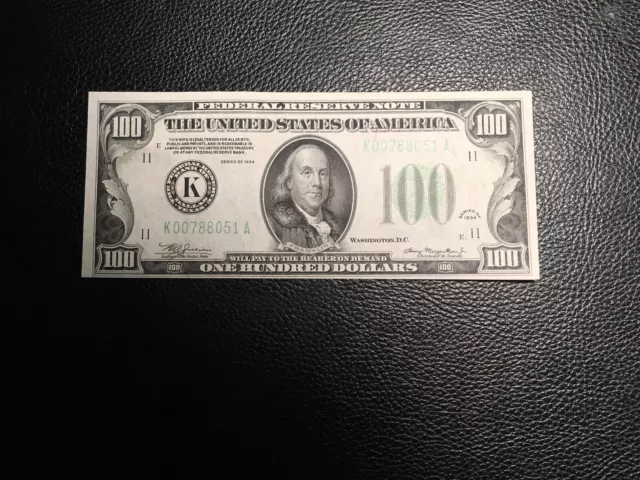 $100. 1934 Federal Reserve Note Super High Grade Light Bend Bottom Left Corner