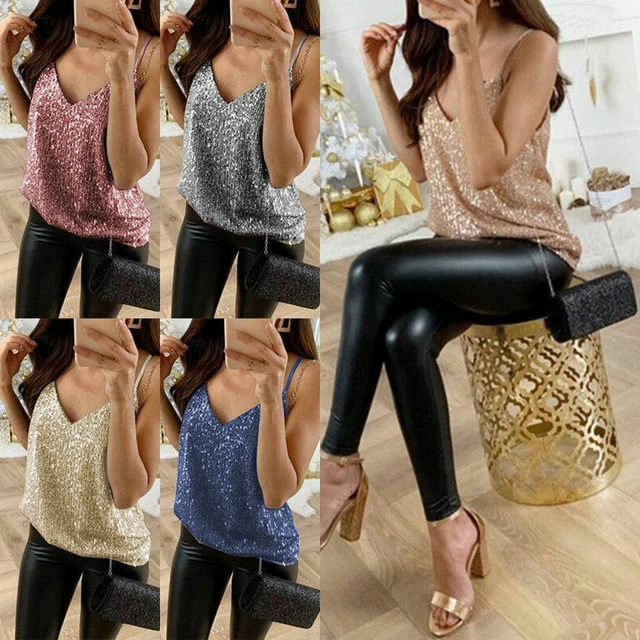 Sexy Damen Glitzer Pailletten Riemchen Tank Top Freizeit Ärmellos Party T -