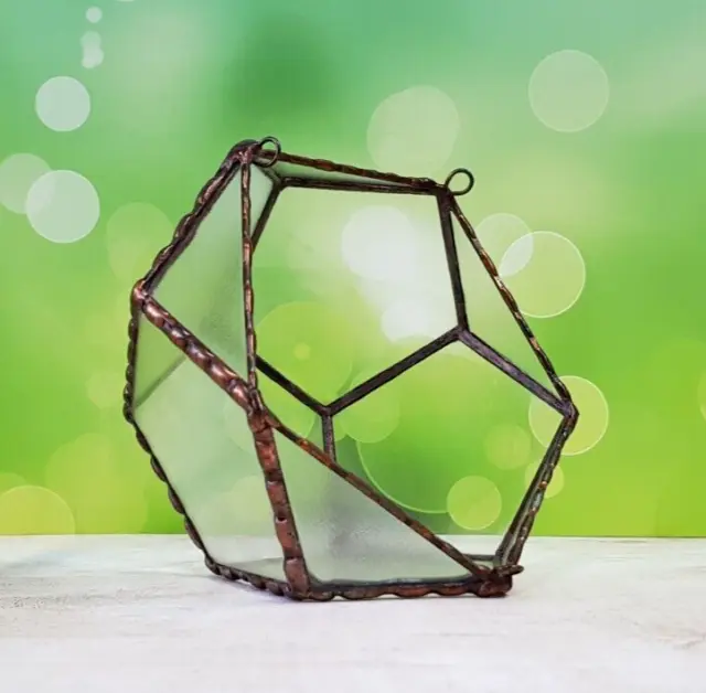 Stained Glass Dodecahedron Terrarium With 3 hooks With Copper Frame, Home Decor