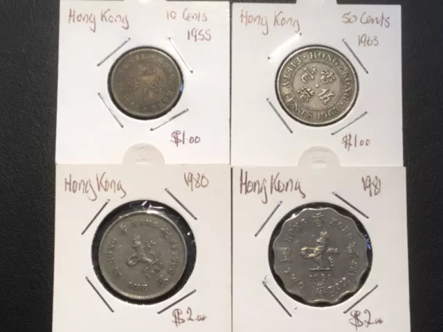 4 different Hong Kong coins.  1955 to 1981.  10 cents to  two dollars.