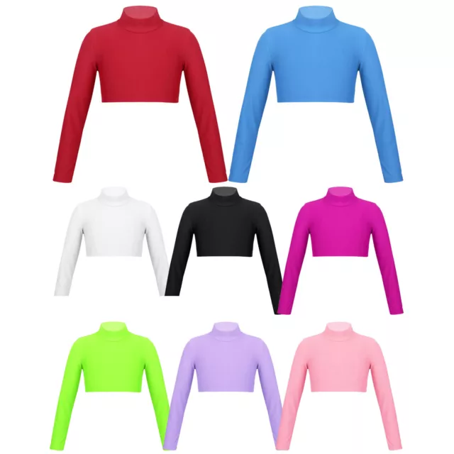 Girls Stretchy Long Sleeve Turtle High Neck Crop Top Ballet Dance Sport T Shirts