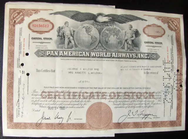 Pan American World Airways stock certificate w/ 4 stamps + document, 1962
