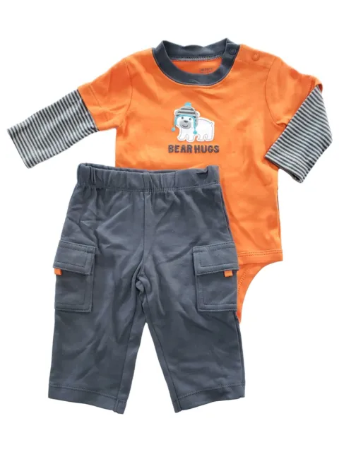 Carters Infant Baby Boy Bear Hug Stripe 2 Piece Cotton Romper Pant Outfit Set 3M