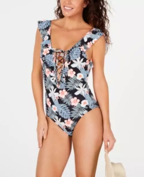 MSRP $85 Roxy Juniors' Ruffled Lace-Up One-Piece Swimsuit Size XS