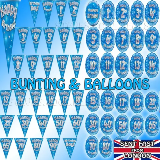 BLUE Happy Birthday Bunting Flags Banners Balloon Age 1st - 90th BOY DAD SON